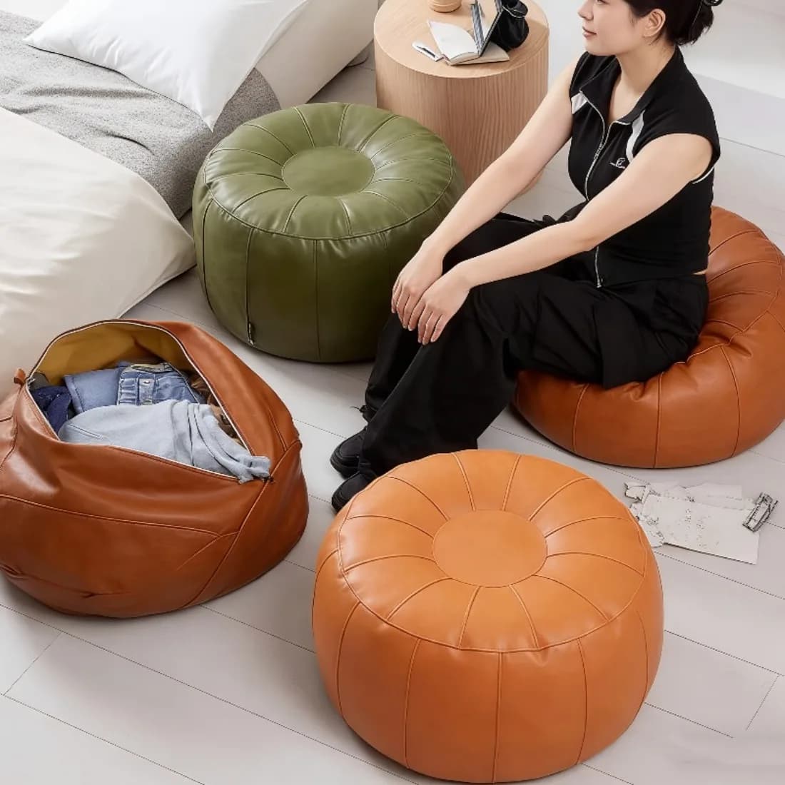 Copertura per Pouf a Forma di Ciottolo, Verde Zucca Ovale, Organizzatore per Giocattoli e Biancheria