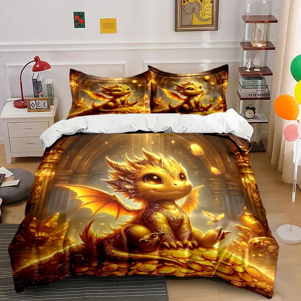 Set di biancheria da letto con stampa di un simpatico drago sullo tesoro dorato, 1 copripiumino, 2 federe per adulti e bambini, regalo di lusso, misura completa