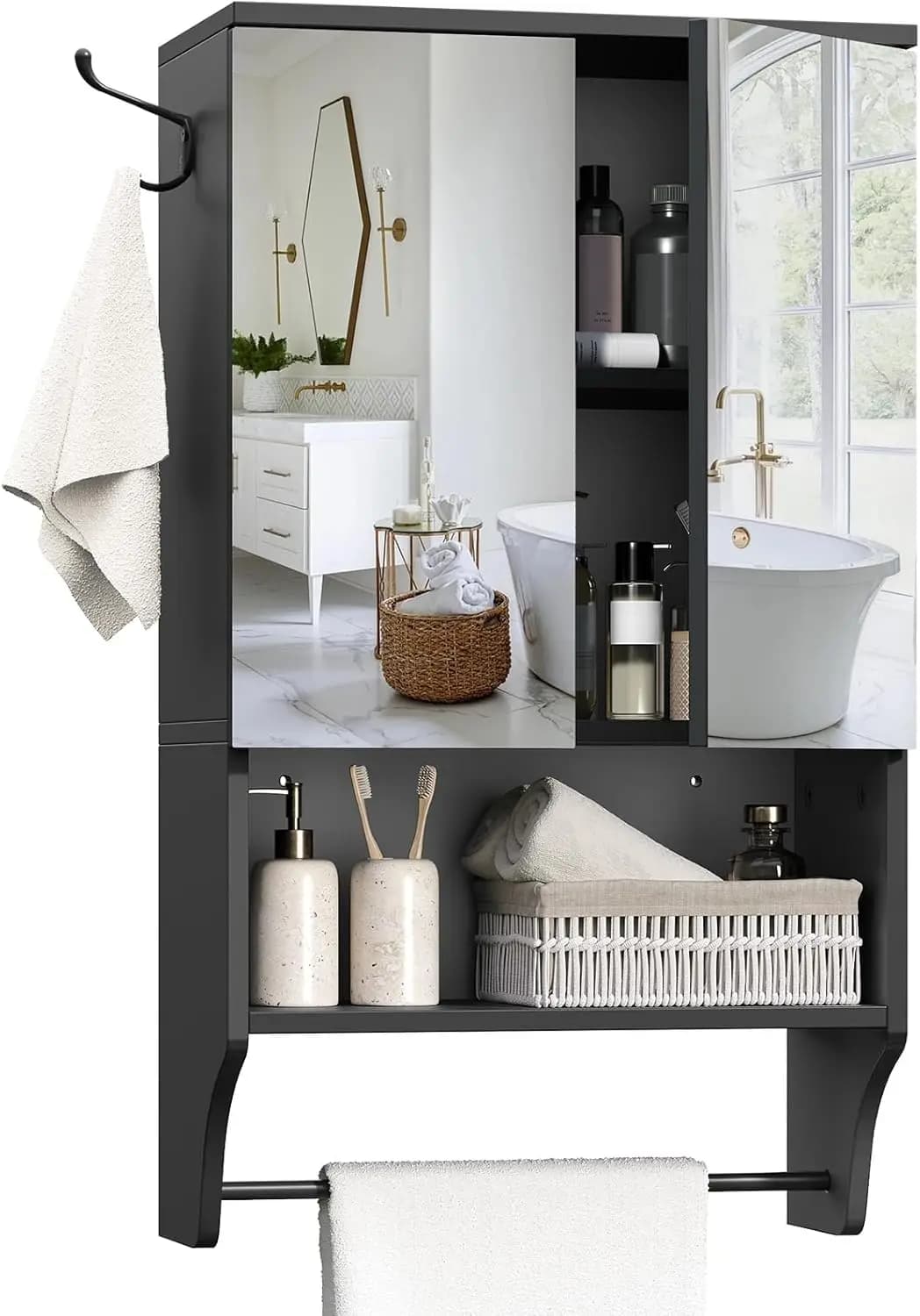 Armadietto da Bagno a Specchio con Ripiano Regolabile e Porta Asciugamani, Salvaspazio Sopra il WC, Nero 26.2"H