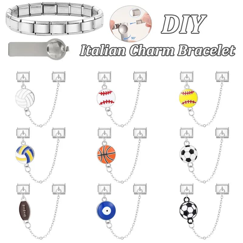 Y2K Pallone da tennis Calcio Basket Nappa Occhi del diavolo Catena Fai da te Fascino italiano Link Fit Bracciale da 9 mm in acciaio inossidabile per uomo Donna