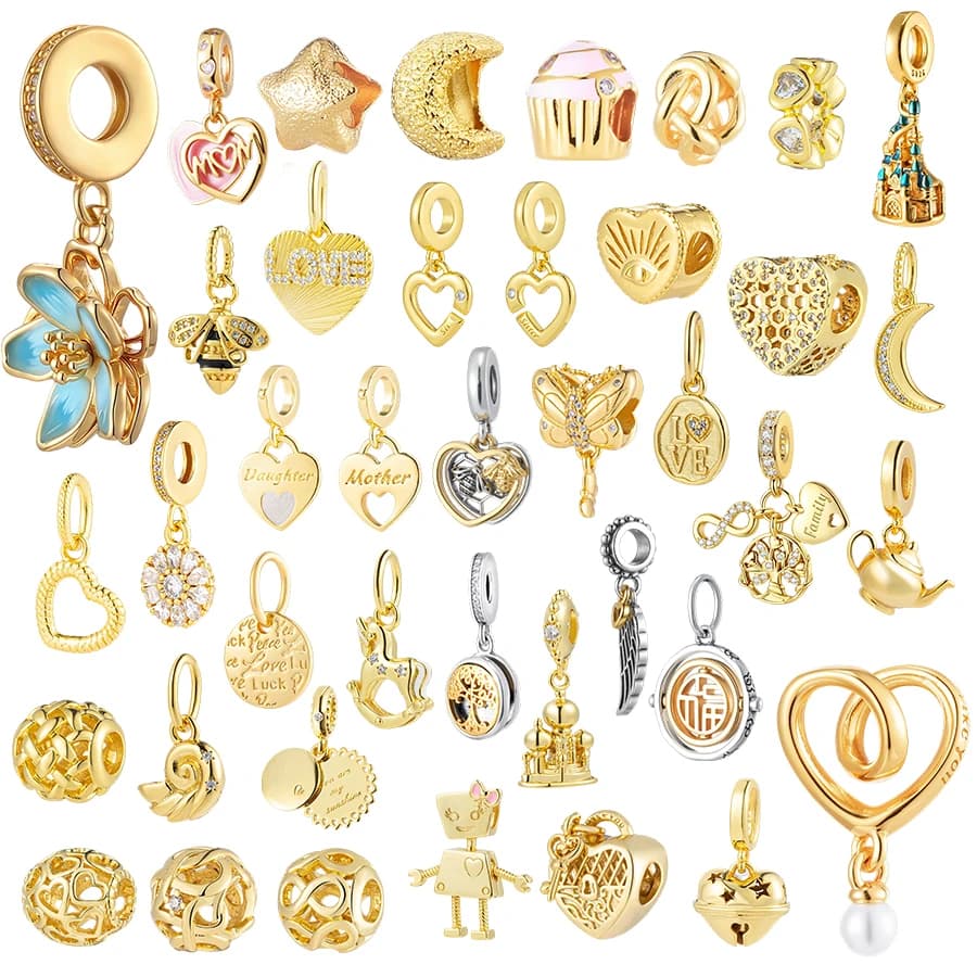 NEW Gold Plated Pendants for Silver Bracelets, Creation of Fai-da-Te Jewelry, Pendants of Star Shape, Moon, Love, Family, Mother and Daughter, Beads for Women Gifts