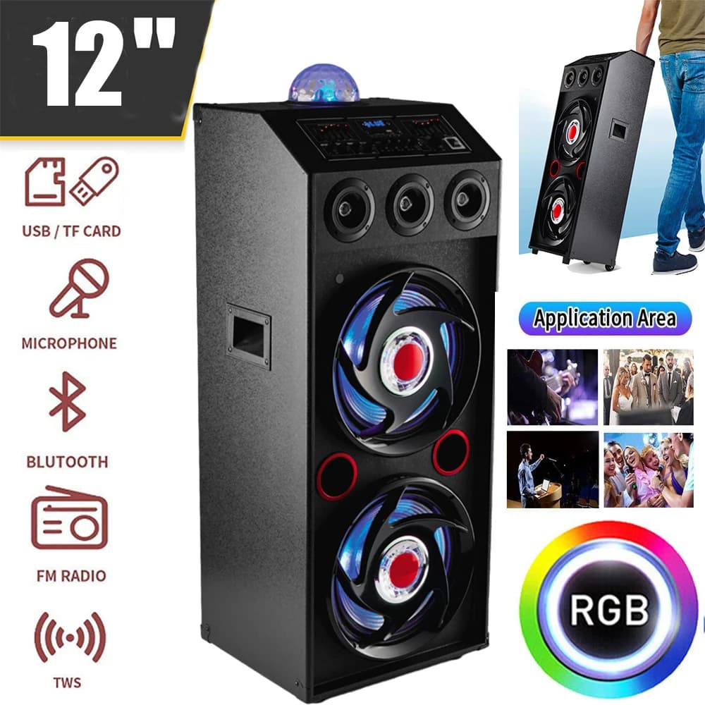 Altoparlante Bluetooth Portatile da 5000W per Feste, DJ e Karaoke, Sistema Audio Ricaricabile con Bassi Potenti, Luci LED e Doppio Subwoofer da 12 Pollici