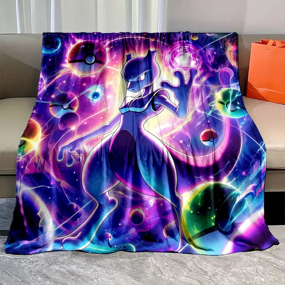 Coperta con stampa cartone animato Pokemon-Mewtwo, morbida coperta in flanella soffice, coperta da campeggio per bambini, coperta sottile per divano, regalo alla moda