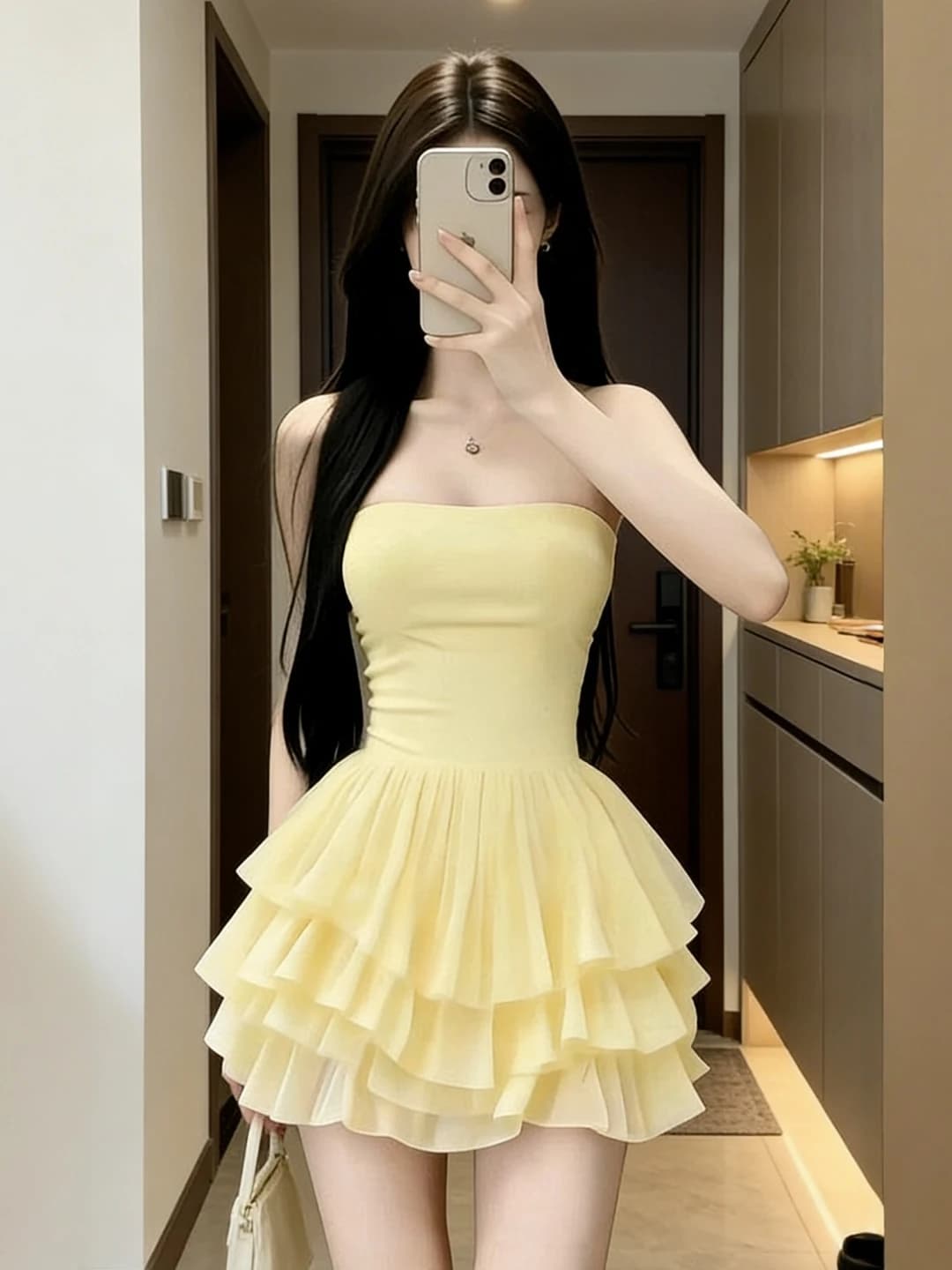 Yellow One-Shoulder Splice Net Tube Dress Women's Summer Slimming Short Skirt Sexy Gathered Waist Invisible Zipper