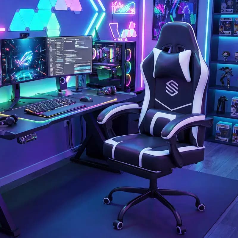 Sedia da Gaming Regolabile in Altezza con Poggiatesta, Sedia Ergonomica da Ufficio - Nera
