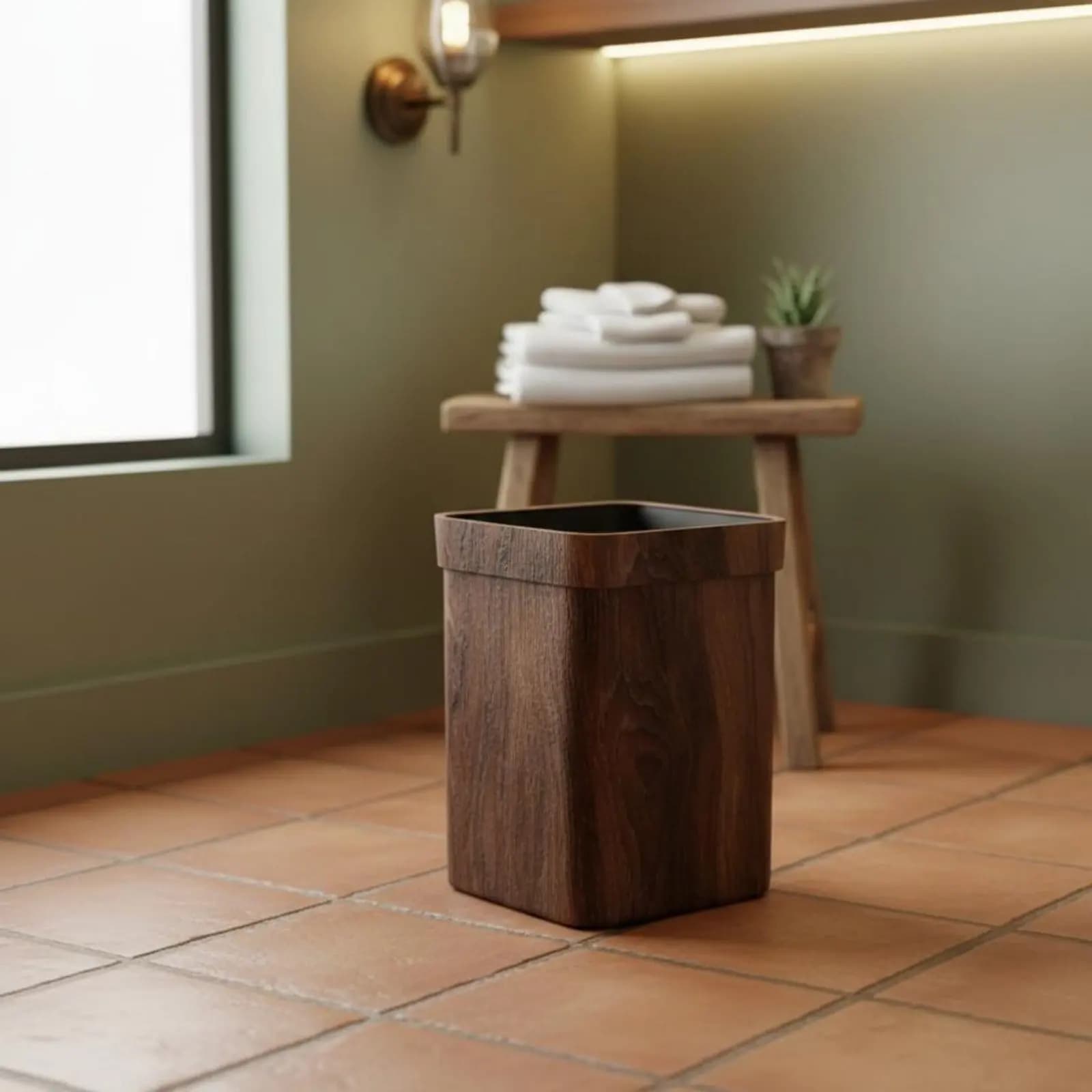 Cestino per Rifiuti Effetto Legno, Design Elegante, Bidone Quadrato con Ampia Apertura, Cestino Senza Coperchio, Forma Arrotondata