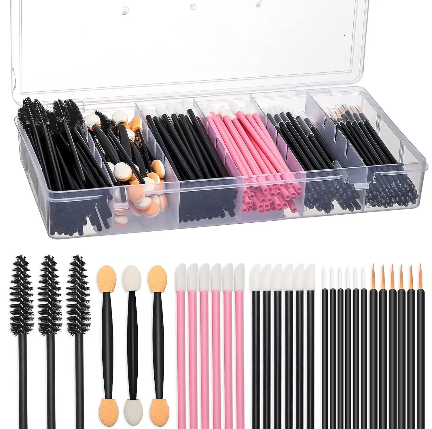 Kit di applicatori per trucco usa e getta da 300 pezzi con scatola organizer, pennello per sopracciglia, applicatore per mascara, pennello per labbra, pennello per ombretto