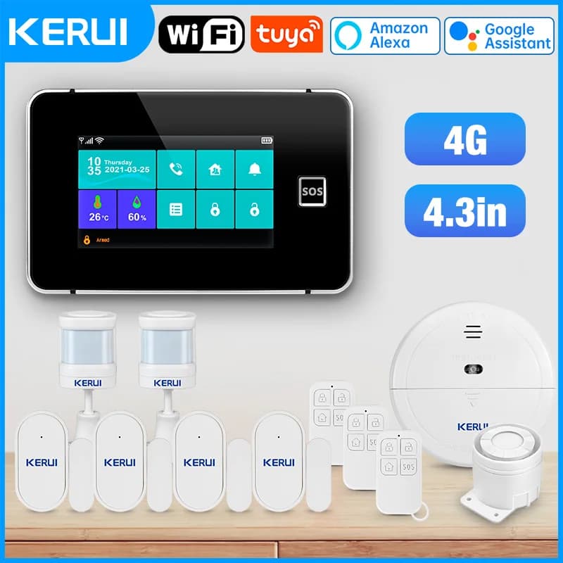 KERUI Set sistema di allarme WiFi + 4G GSM, Tuya Smart Home Set sistema di allarme domestico wireless con schermo da 4,3 pollici con sirena, sensore porta, G64B