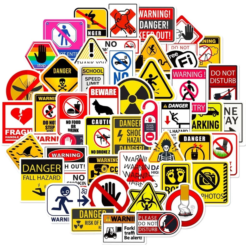 50 pieces of realistic warning signs waterproof graffiti stickers for decals for astucci for hand accounts for bicycle helmet