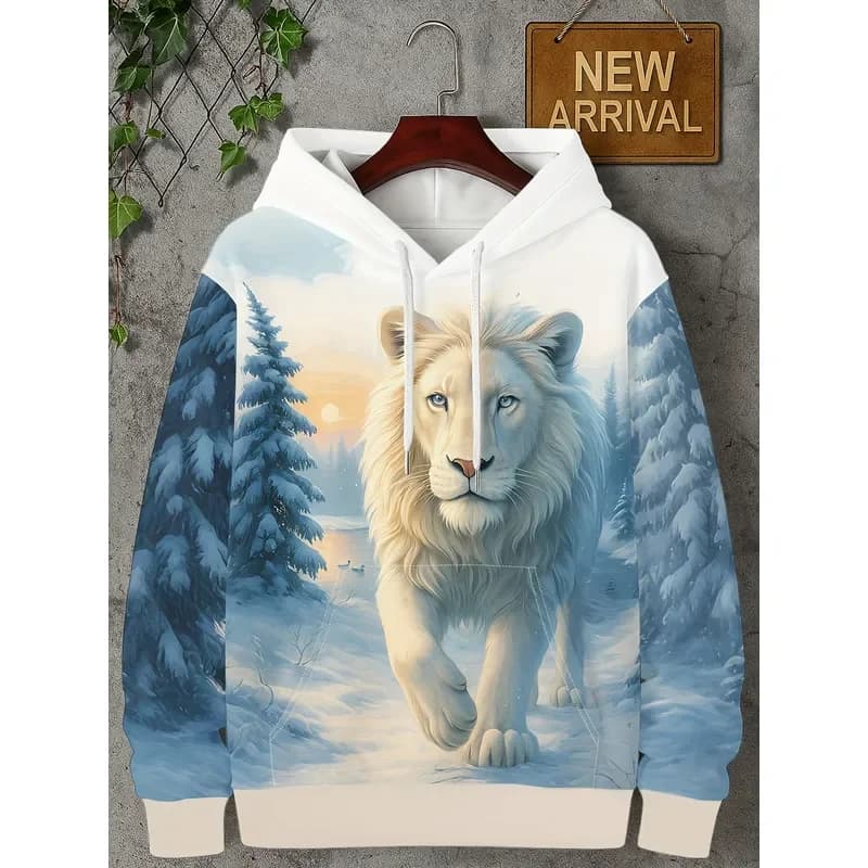 Men White Lion Hoodie 3D Snow Forest Animal Print Pullover Sweatshirt Drawstring Pocket Long Sleeve Autumn Winter Casual