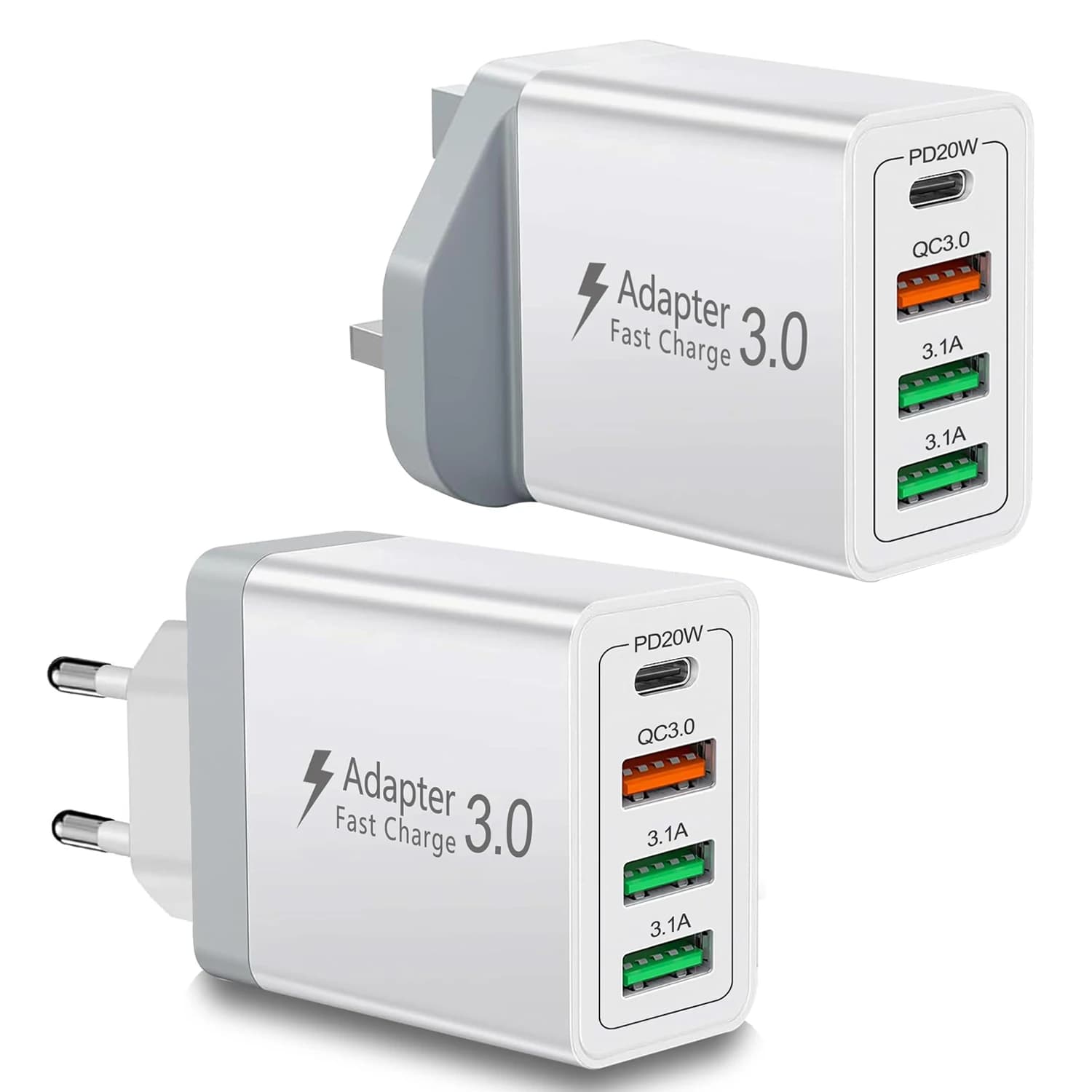 Caricatore rapido 40W PD20W+QC3.0, adattatore da parete con 4 porte USB C, presa EU/UK, caricabatterie per cellulari iPhone, Huawei, Xiaomi