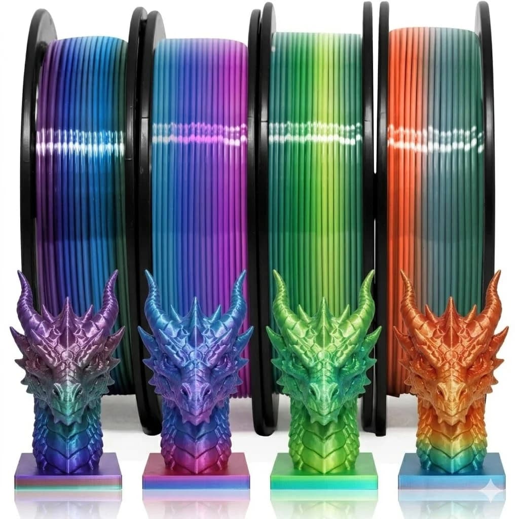 Silk Shiny 4 Types Rainbow Multi Colored Fast Color Change PLA 4 in 1 3D Printer Filament,Compatible with Most FDM Printers