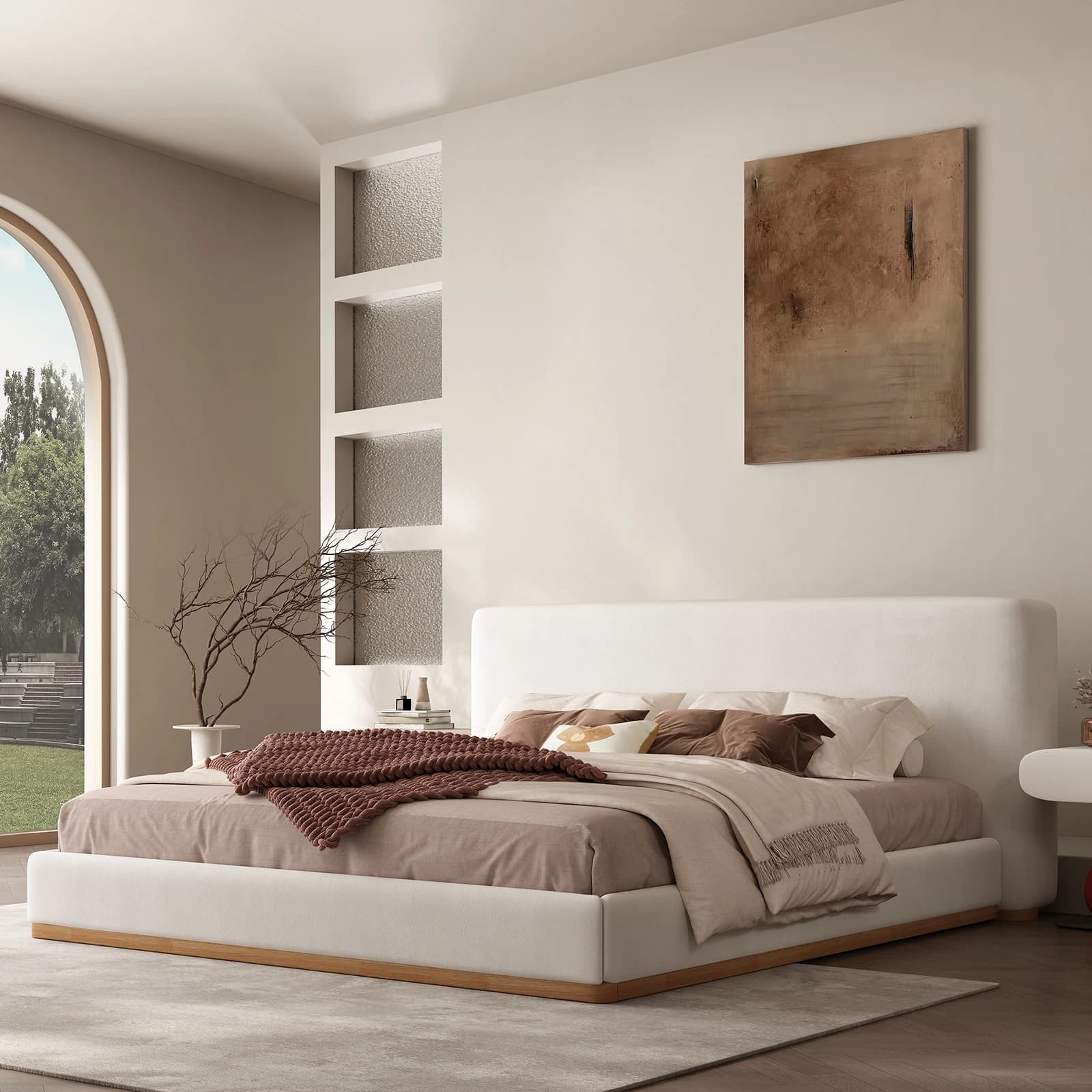 Letto Moderno Queen Size Cloud, Letto a Piattaforma con Testiera Morbida e Spessa, Letto Imbottito in Tessuto Bianco con Elegante Texture Effetto Legno
