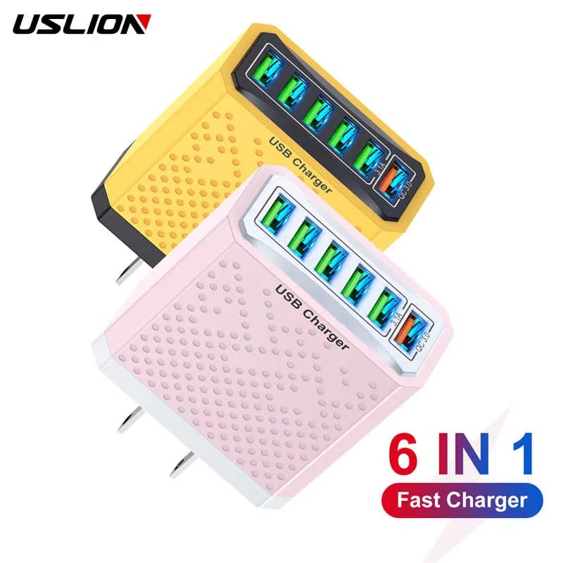 USLION 3.1A 6Ports Caricatore USB Adattatore di ricarica rapida per Xiaomi iPhone 15 14 POCO Telefono cellulare Spina UE USA Caricatore da viaggio QC 3.0
