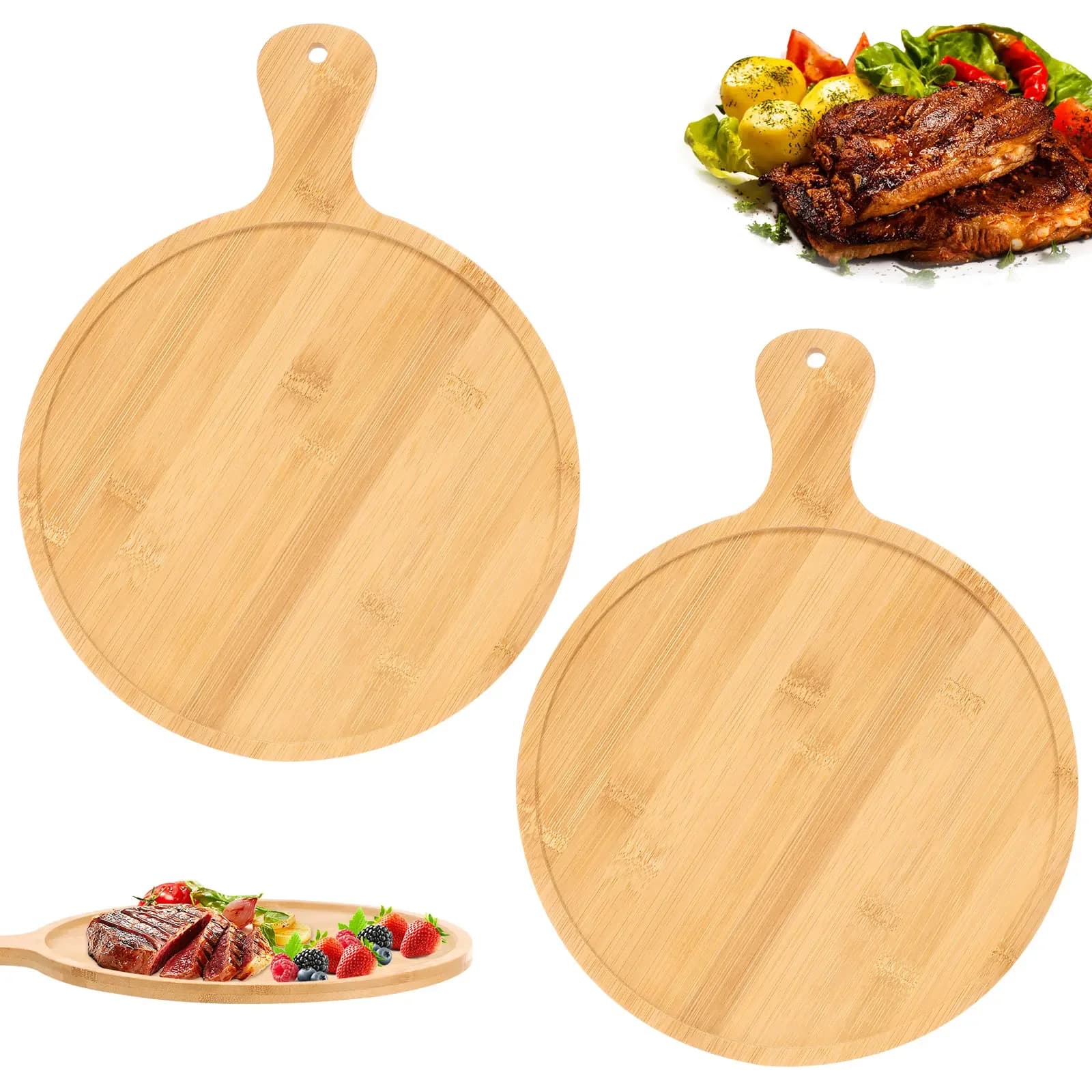 Set di 2 Taglieri in Legno con Manico, Circolari e Appendibili, per Cucina, Frutta, Verdura e Pizza