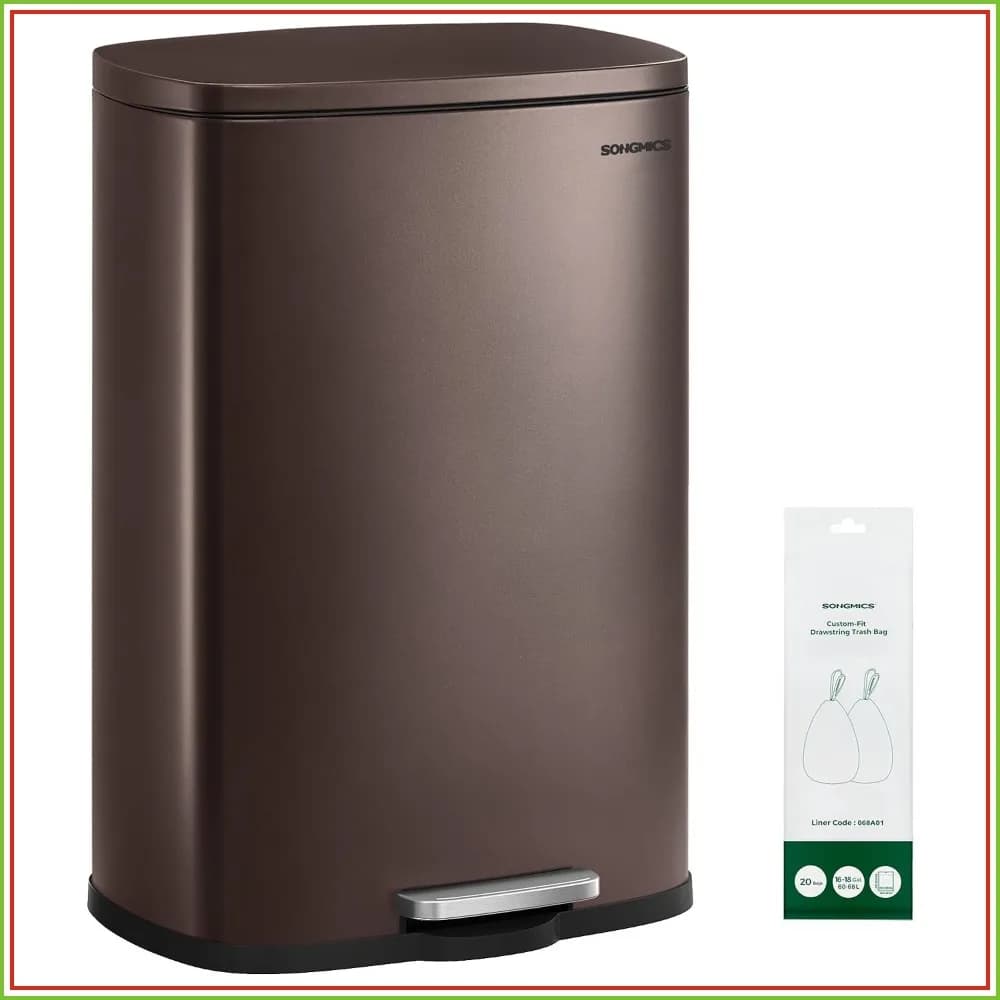 20-Gallon Stainless Steel Trash Can with Soft Close Pedal, Step-On Bin for Kitchen, Brown