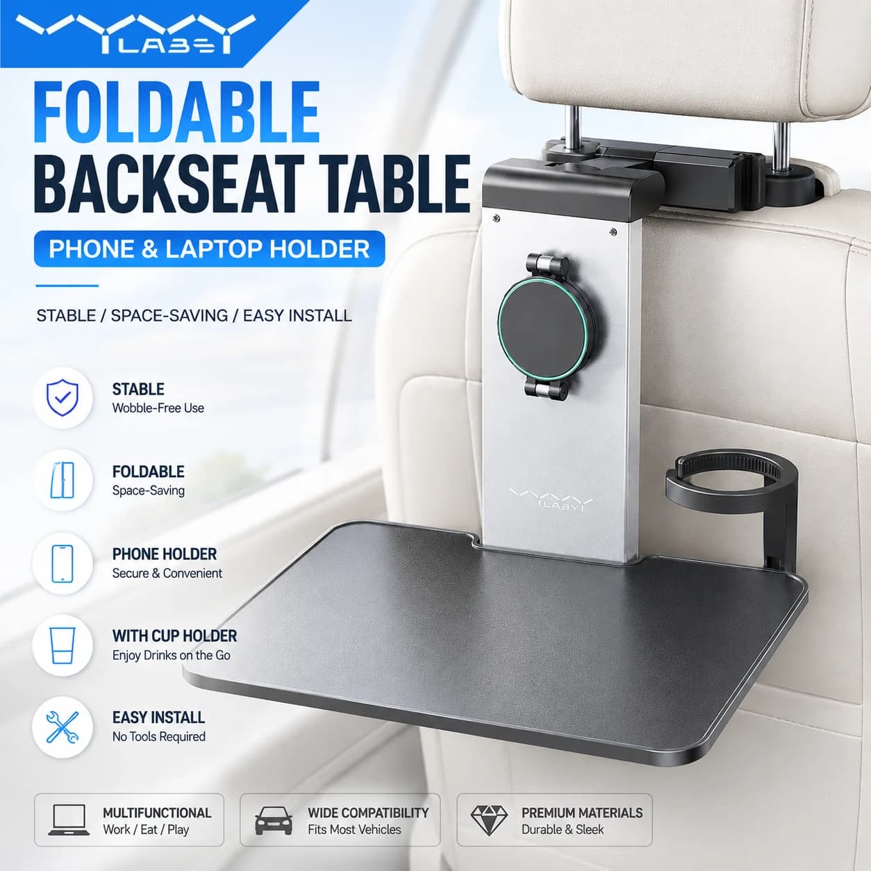 Vyvylabs Car Back Seat Tray Laptop Desk Vehicle Foldable Table Headrest Bracket Car Cup Phone Holder for Food Writing Working