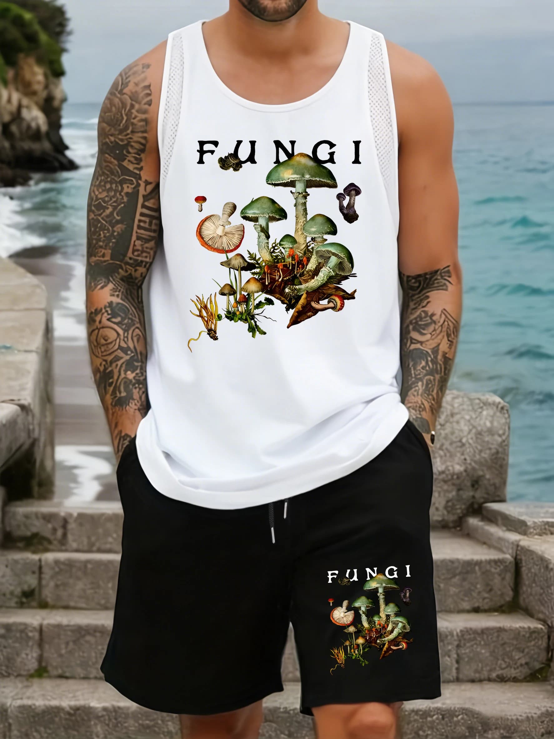 Completo da uomo con design a funghi colorati: Canotta estiva in rete traspirante senza maniche e pantaloncini larghi con coulisse e tasche