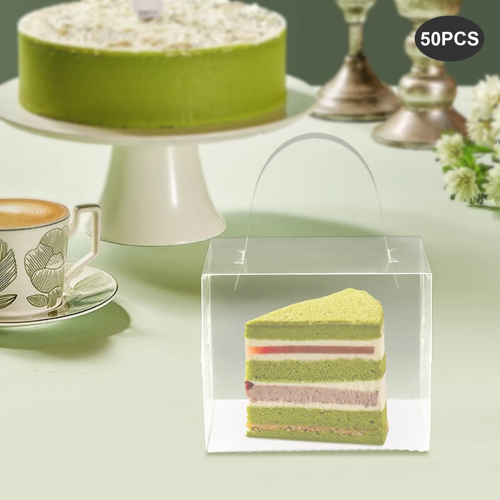 Scatole per torte usa e getta trasparenti, set da 50, trasportino in plastica da 4,7x3,9x3,1 pollici con manico per matrimoni, baby shower, feste di compleanno