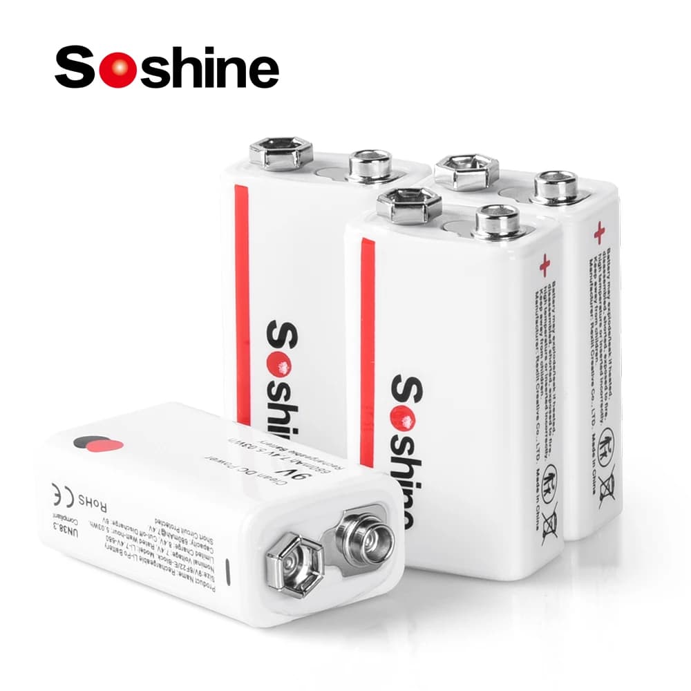 Soshine 4PC 6F22 9V 680mAh Batteria ricaricabile al litio 6F22 Batterie Li-Po da 9 Volt per radio Termometro elettronico Rilevatore di fumo