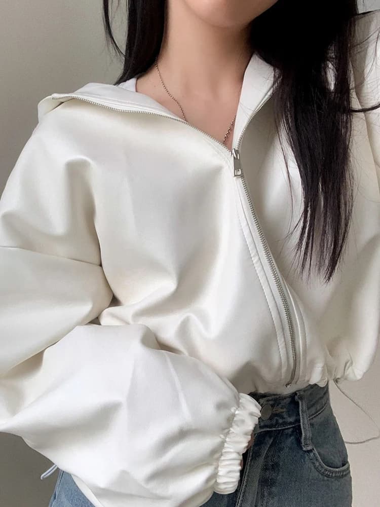 Korean Style Short Hooded PU Leather Jacket Women's Outerwear High Waist Biker Coat Spring Fashion Casual Streetwear