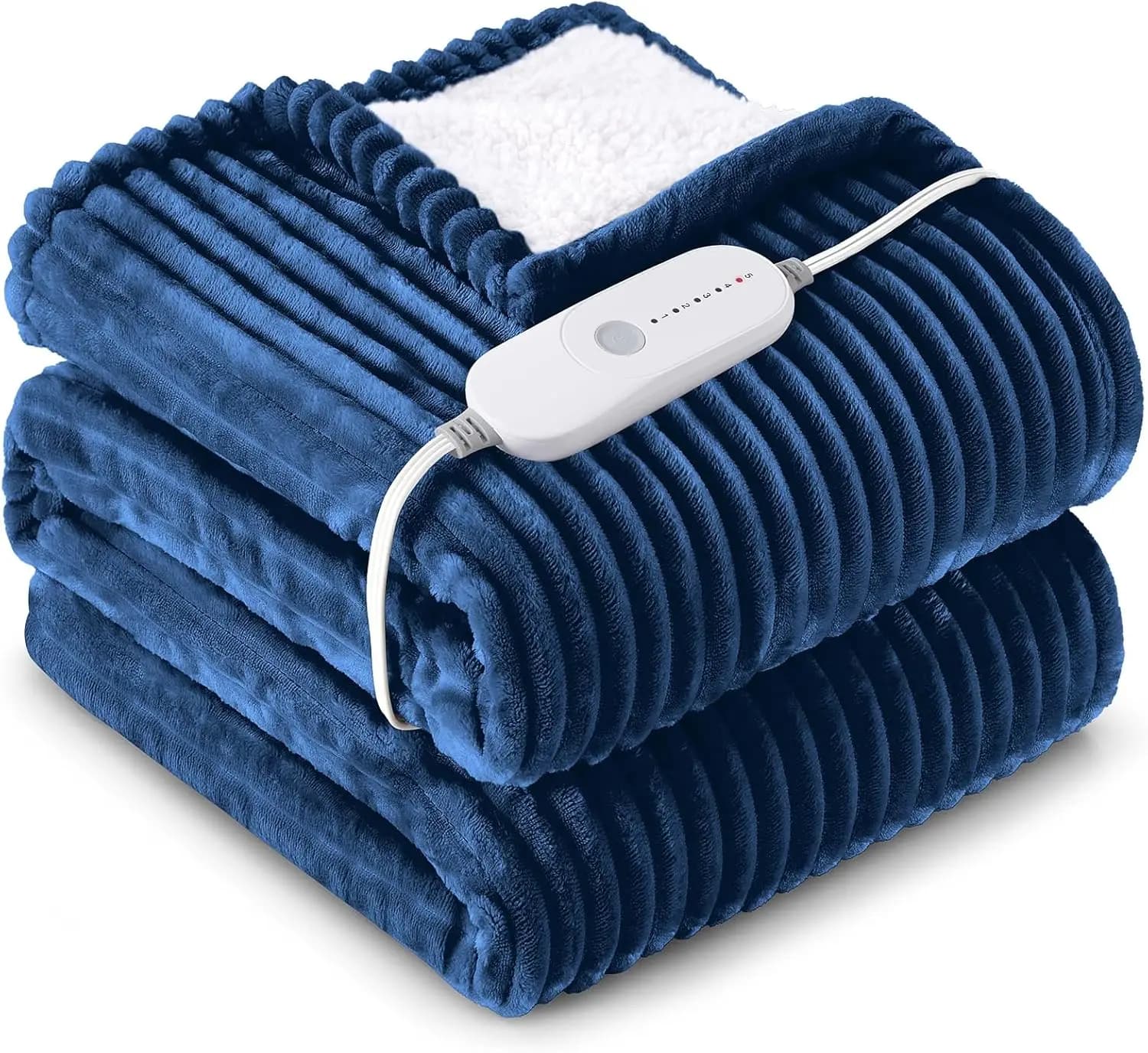 Morbida Coperta Riscaldata in Flanella e Sherpa con 5 Livelli di Calore, Spegnimento Automatico dopo 10 Ore, Certificata ETL e Lavabile in Lavatrice, Blu Navy