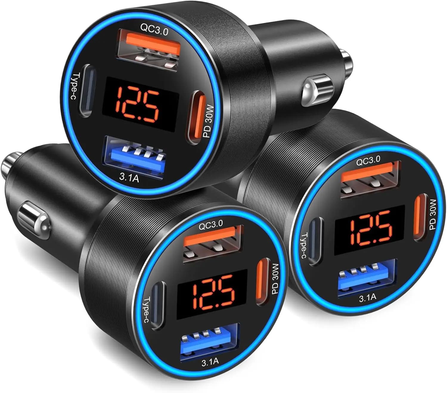 Caricabatterie da Auto USB C 65W, Confezione da 3, 4 Porte Dual USB-C e USB-A, Ricarica Rapida con Voltmetro, PD/QC 3.0 per iPhone e Android