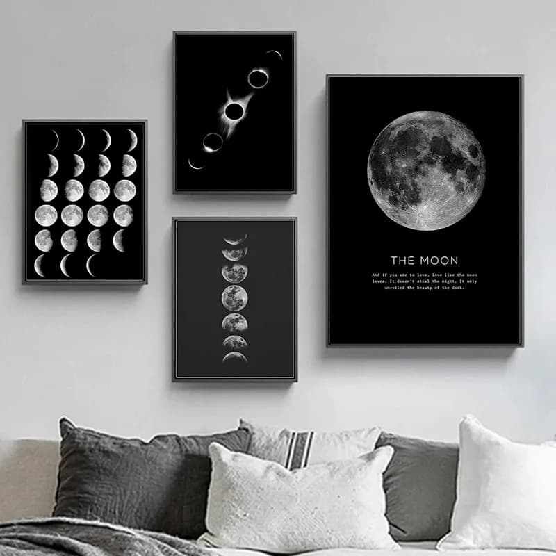 Minimalist Full Moon Canvas Paintings Black White Moon Phases Posters and Solar System Prints Wall Art Pictures for Living De