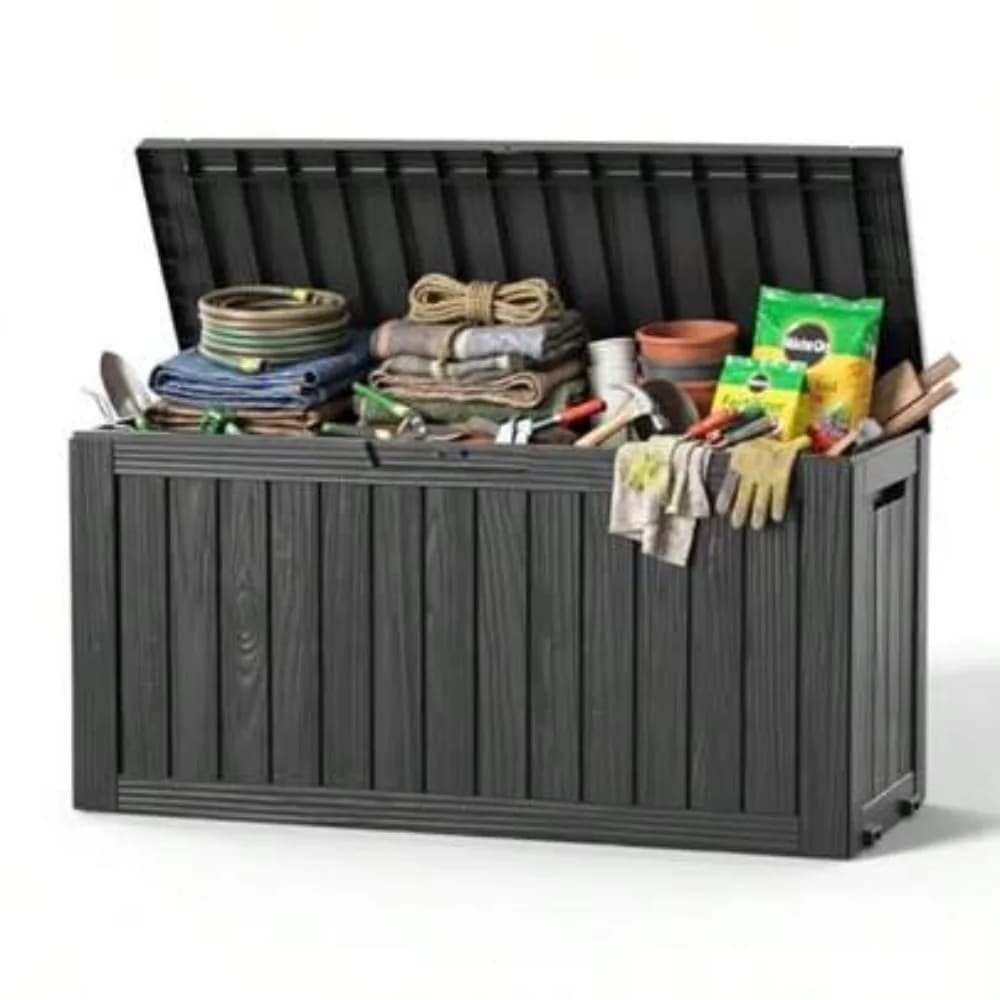 90 Gallon Outdoor Deck Box Waterproof Lockable Storage Box with Wheels for Patio Furniture Pool Supplies Garden Tools, Weatherproof Resin Backyard Storage Container Black
