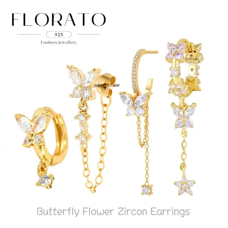 Orecchini pendenti di lusso leggeri in argento sterling 925 con farfalla fiore zircone bianco per le donne Regalo di gioielli da sposa di fascia alta