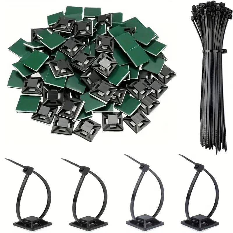 100Set Zip Tie Mounts Self-Adhesive Backing Cable Organizer Management Clips Wall Anchors for Secure Wire Holding Light Fixation