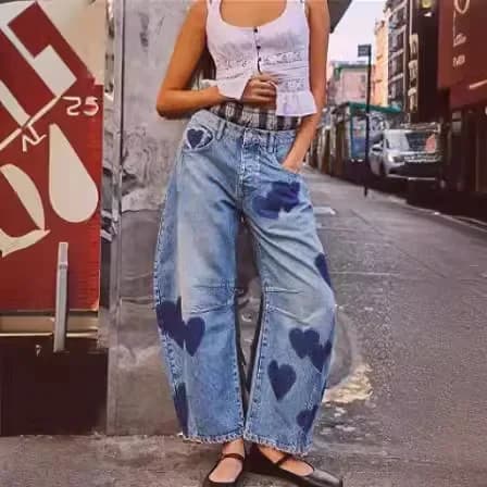 Jeans Donna Stampa Pantaloni lunghi Casual Denim allentato Blu Mamma Cuore Vita media Pantaloni a gamba larga Pantaloni Tasca con bottoni Y2k Splice 2025