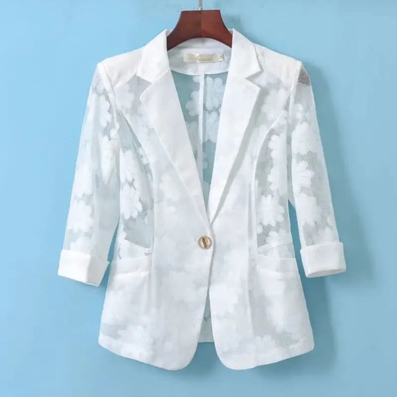 2024 New Summer Elegance pendolarismo collo a Polo di fascia alta Hollow Lace Jacquard semplice tinta unita cappotto a tre quarti