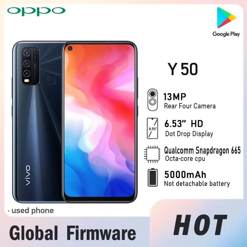 Smartphone VIVO Y50 con Firmware Globale, 4G, 5000mAh, 16.0MP, 2340×1080, Snapdragon 665, 6.53", in Buone Condizioni, Telefono Usato