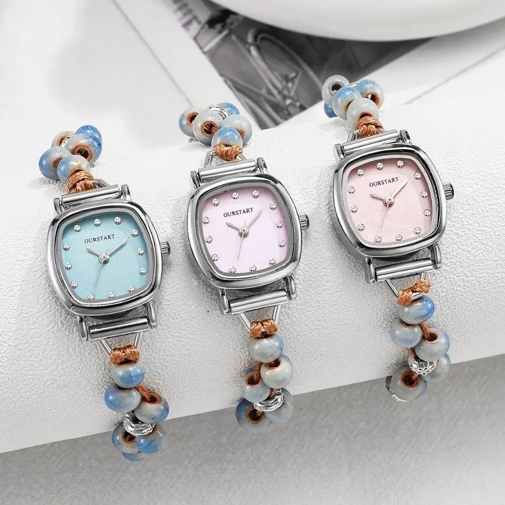 Orologi da Polso alla Moda con Perline Intrecciate e Strass, Semplici Orologi Elettronici Casual da Donna