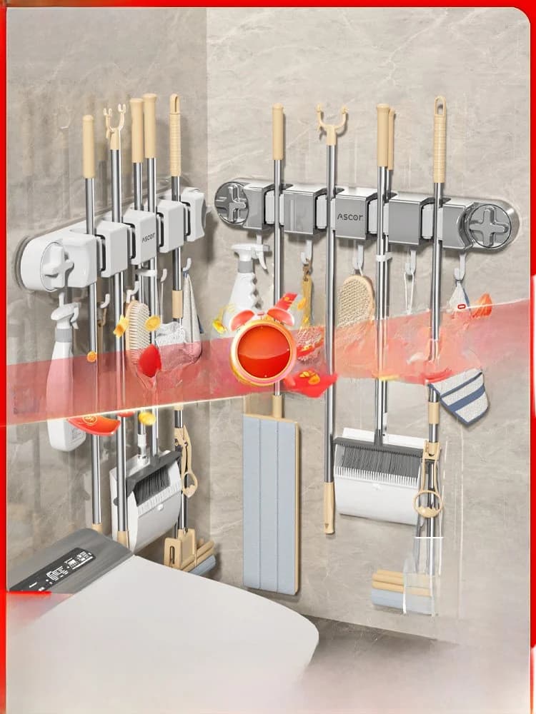 Bathroom Suction Cup Mop Holder Wall Mounted No Drilling Required Mop Bracket Broom Cloth Strong Fixing Hook Household Essential