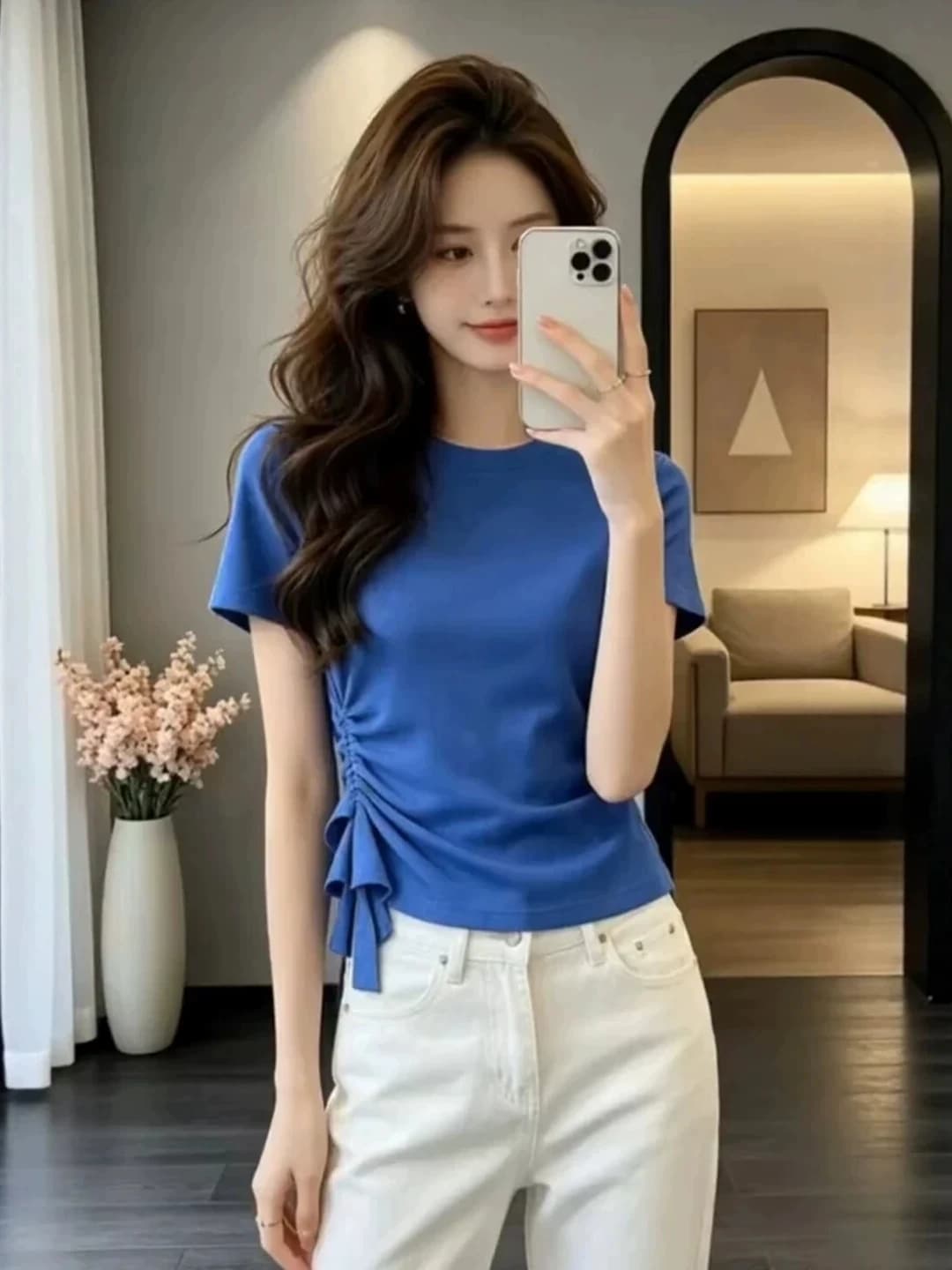 Korean Style Blue Gathered Waist Short Sleeve T-Shirt Women plus Size Summer Unique Anti-Aging Beautiful Fat MM Top