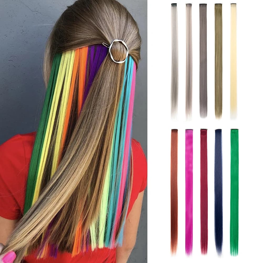 10 PCS Colored Clip in Hair Extensions 22 Inch Rainbow Straight Synthetic Hairpieces For women Cosplay Party Christmas New Year