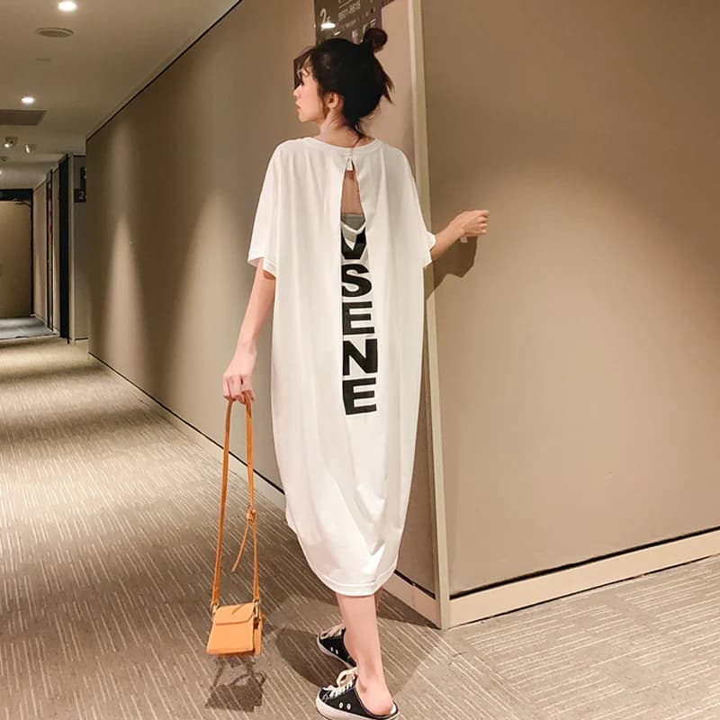 Abito T-Shirt Estivo 2026 con Stampa Coreana, Moda Femminile, Lunghezza Media, Vestito Ampio con Apertura Posteriore, Abbigliamento Donna