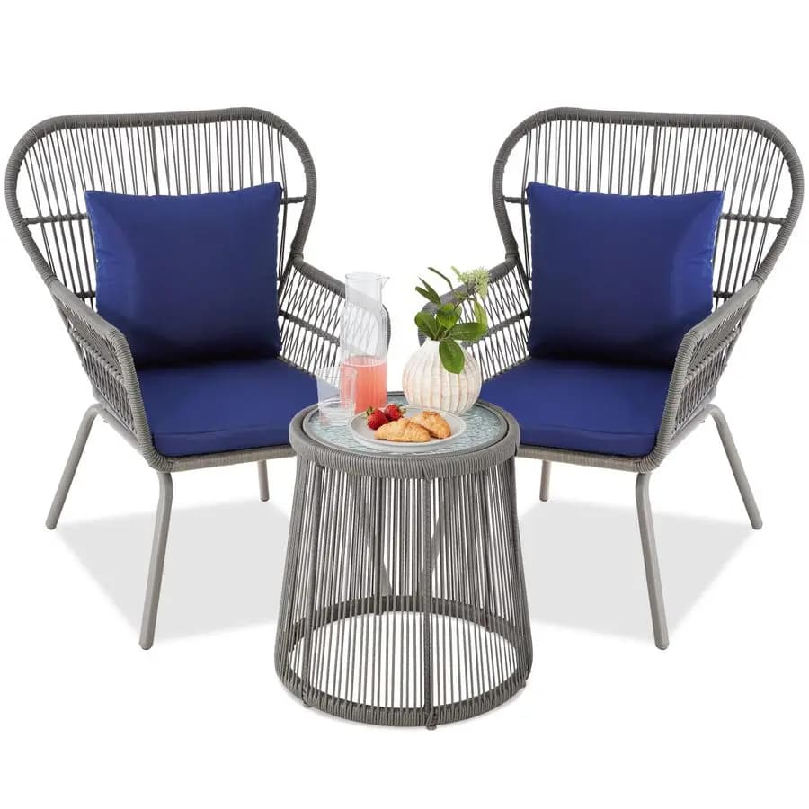 Set Bistrot da Esterno a 3 Pezzi, Mobili in Vimini Resistenti alle Intemperie per Veranda e Giardino con 2 Sedie Ergonomiche Larghe e Cuscini