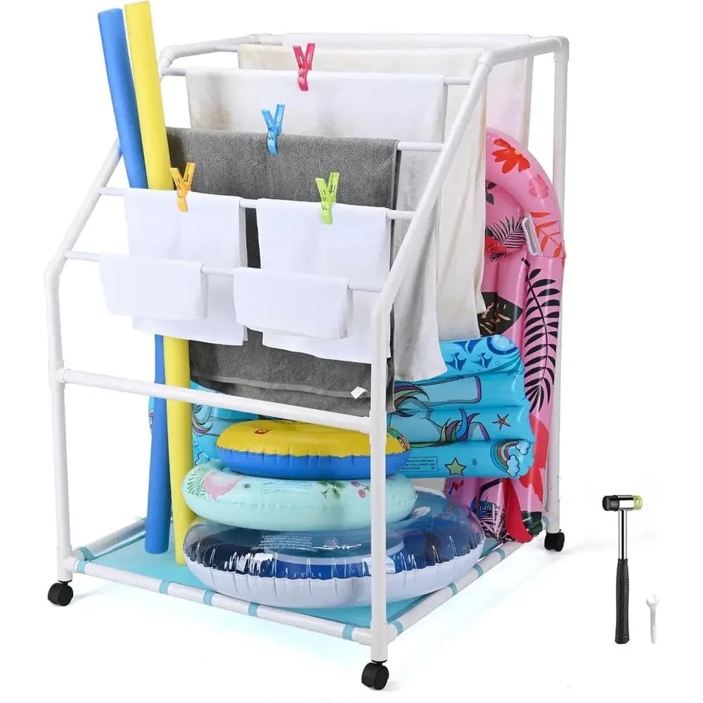 Portasciugamani da Piscina in PVC Resistente per Esterni con 7 Barre, 4 Ruote Bloccabili e 4 Clip per Accessori da Spiaggia e Nuoto