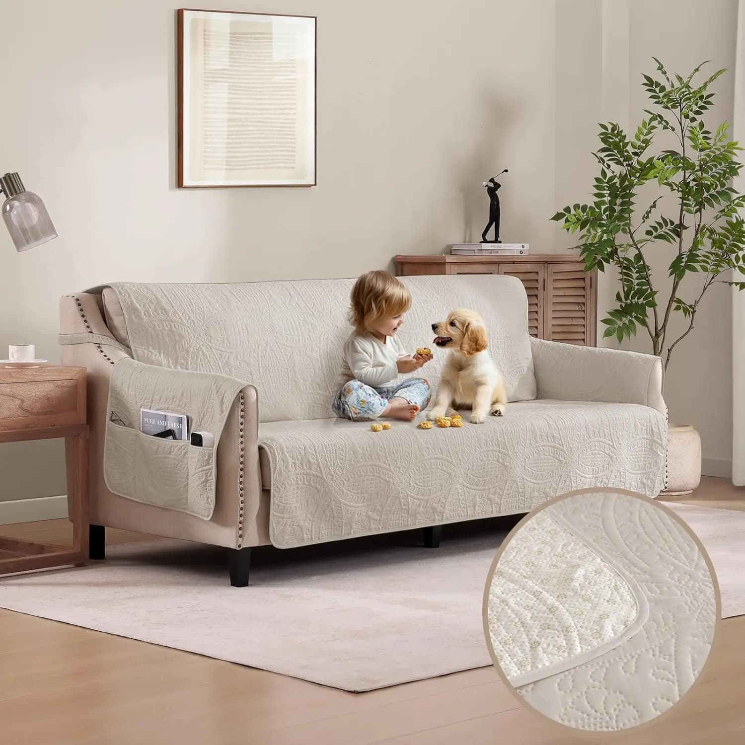 Copridivano Morbido Trapuntato con Tasche per Divani Extra-Large, Antiscivolo, Lavabile, Adatto agli Animali Domestici, Idrorepellente