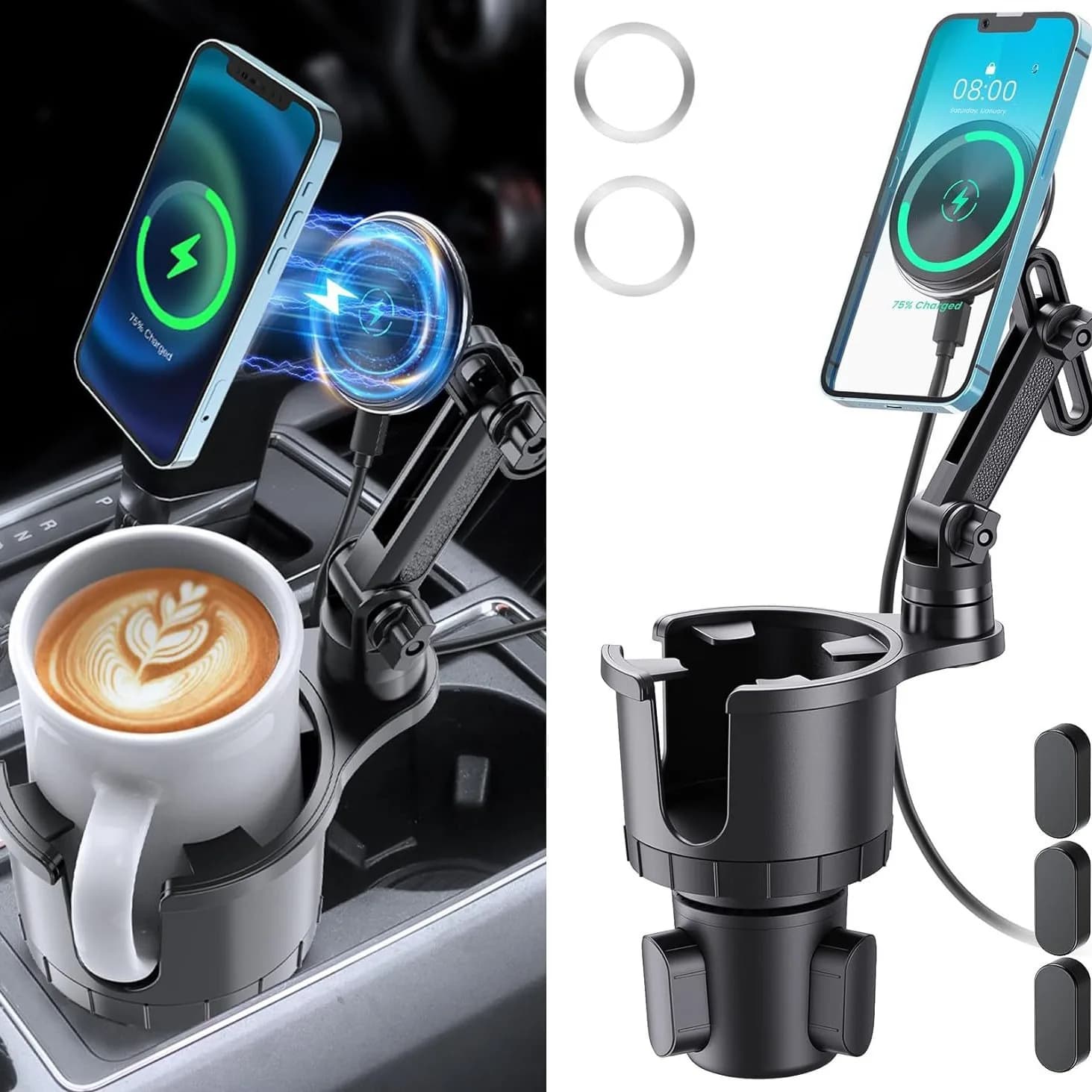 Supporto per telefono da auto, supporto multifunzionale per tazza da auto con ventosa, supporto per navigazione cellulare, caricabatterie wireless magnetico