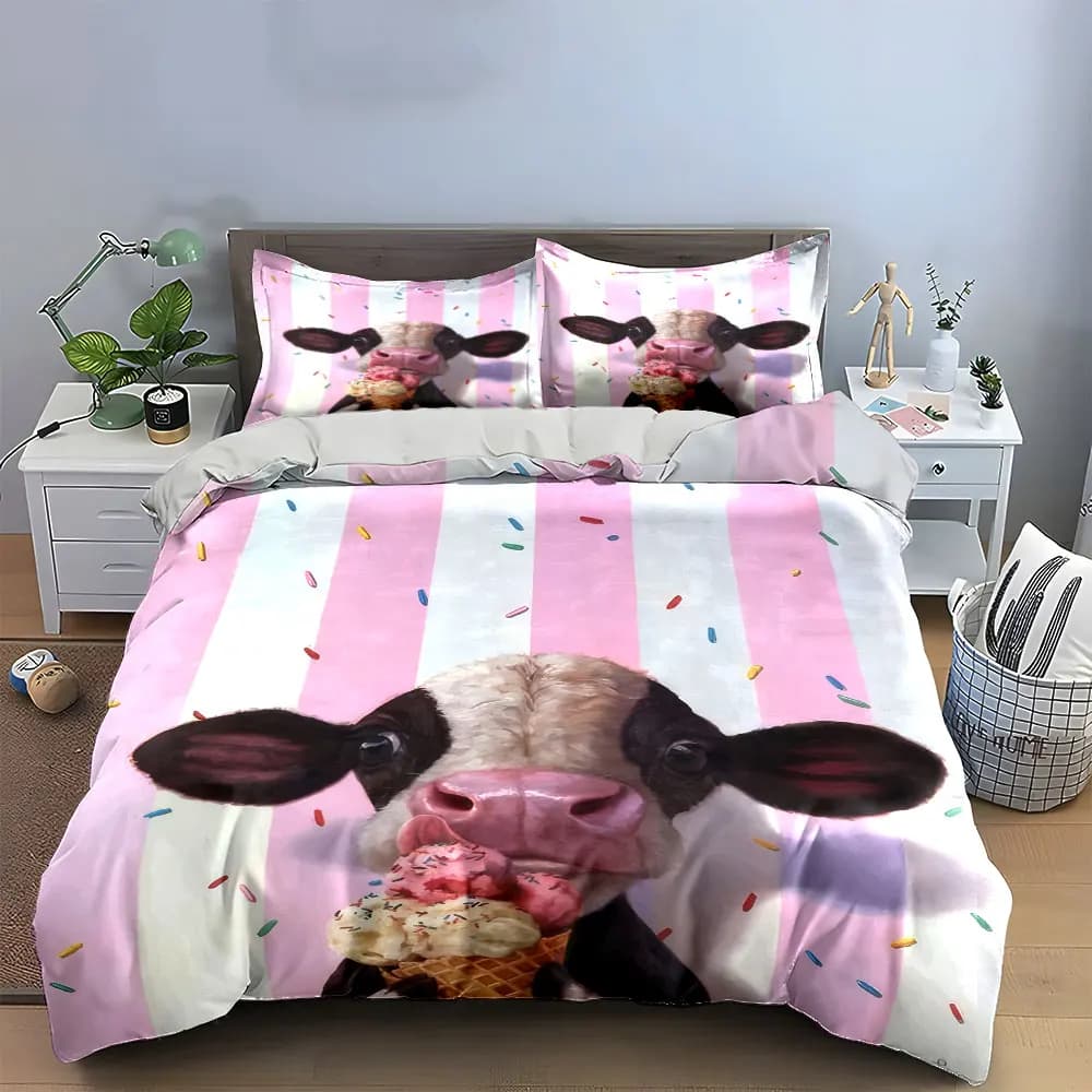 Cow Ice Cream Decor Set Bedding Set with 1 Duvet Cover 2 Pillowcases Single Double King Queen, Gift