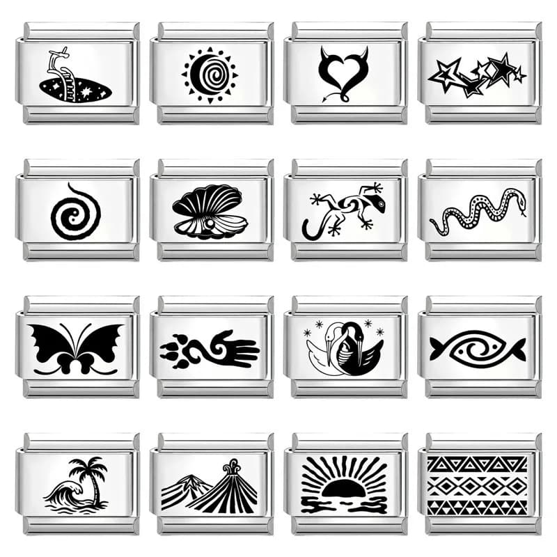 Laser Engraving Black Gecko Swan Snake Seashell Italian Charm Links Fit 9mm Stainless Steel Bracelet Men Women DIY Making Gift