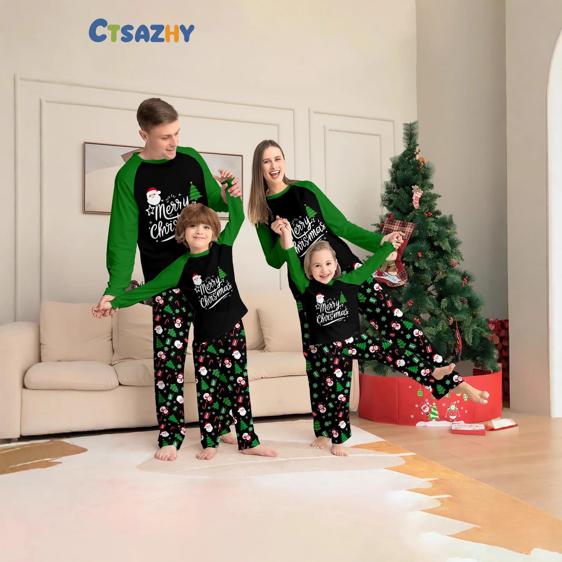 Christmas parent-child home wear, Christmas tree, elderly person letter printed green suit long-sleeved shirt pants pajamas