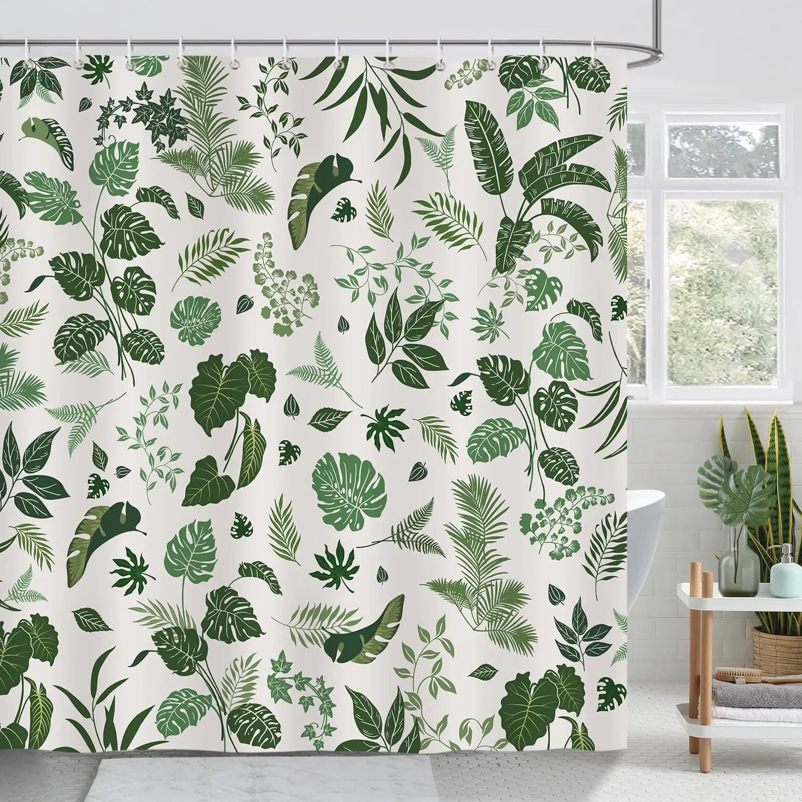 Green Leaf Shower Curtain, Tropical Jungle Leaves Plant Nature Botanical Bath Curtain for Bathroom Polyester Fabric with Hooks