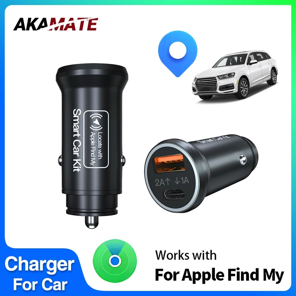 AKAMATE USB Car Charger Type C QC3.0 with GPS tracker for iPhone for Apple Official Find my app Quick Charger from 20 W 2 in 1