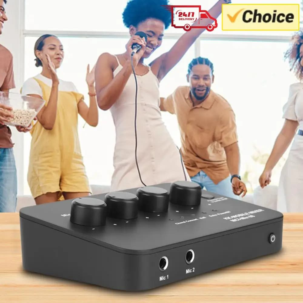 Compact Karaoke Audio Mixer AUX IN/OUT BT Connection with 2 Mic Inputs Digital Audio Sound Karaoke Machine for TV/PC & Amplifier