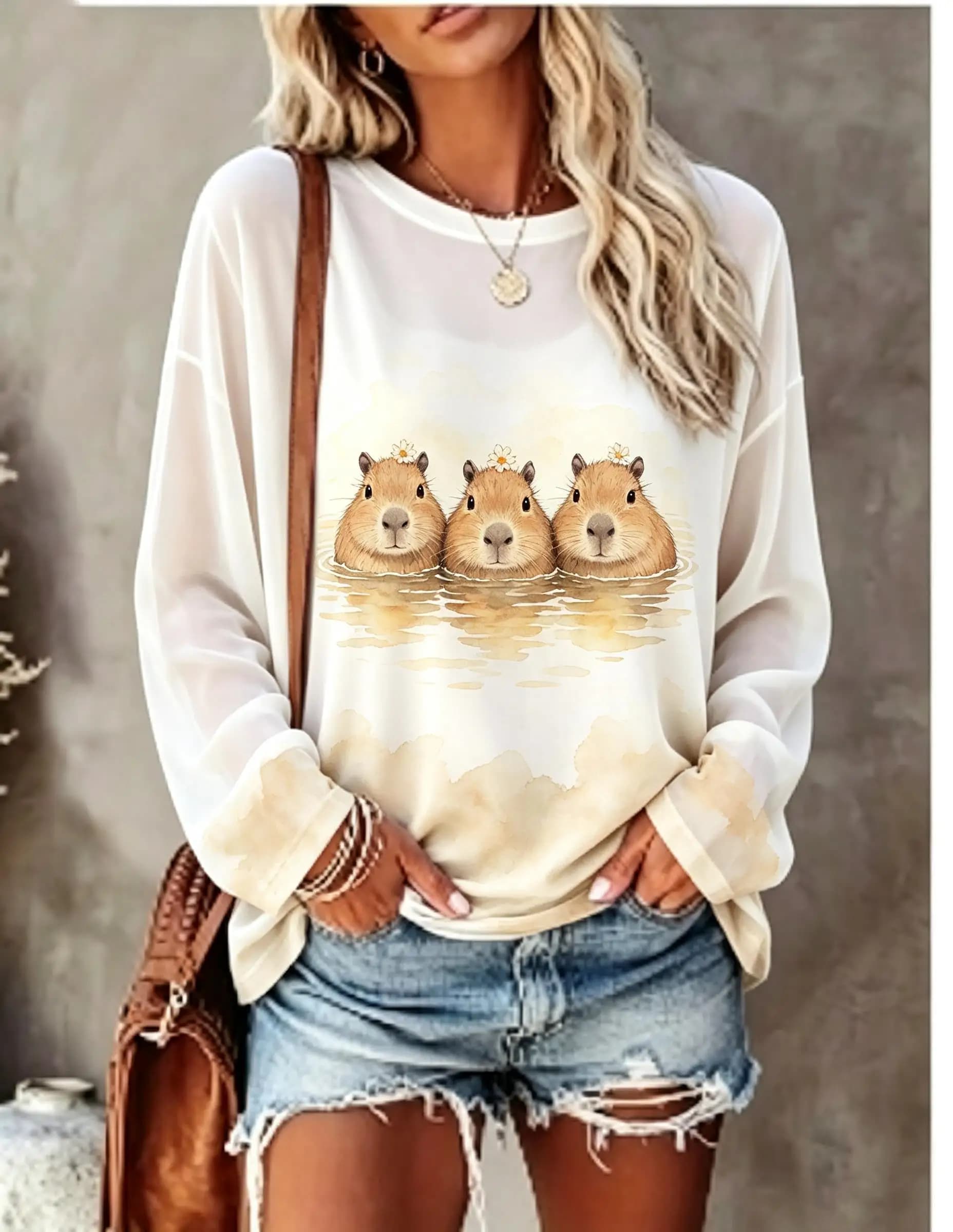 Women Long Sleeve T Shirt Cute Three Capybara Watercolor Lake Print Crew Neck Casual Fall Tops